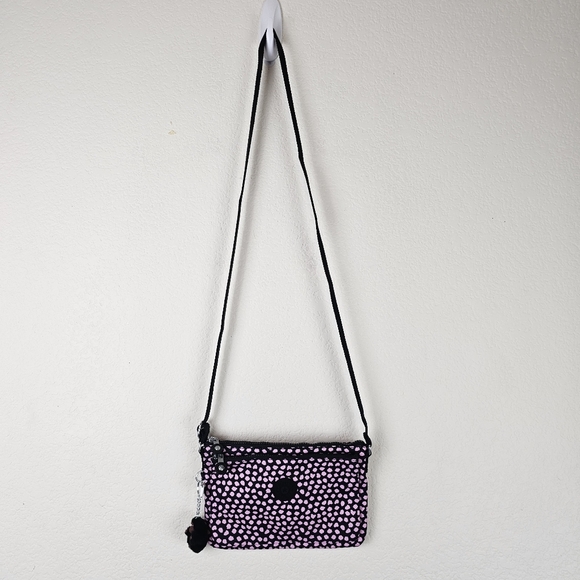 NWT Kipling Mikaela Nylon Crossbody Bag Pink & Black Dot Print w/ Monkey - Picture 11 of 14